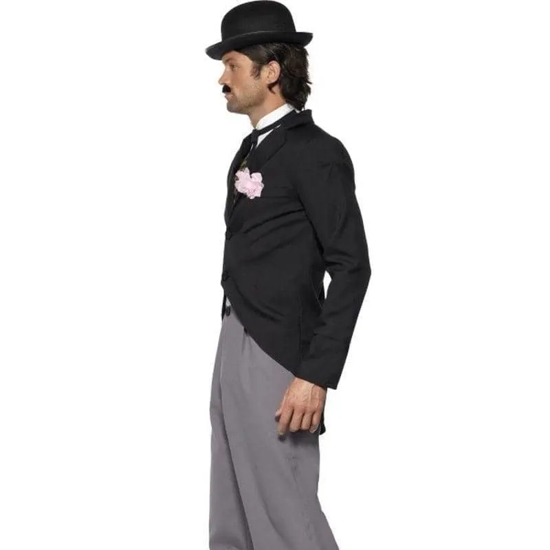 1920s Star Costume Charlie Chaplin Black Grey Trousers Jacket Mock Waistcoat Tie