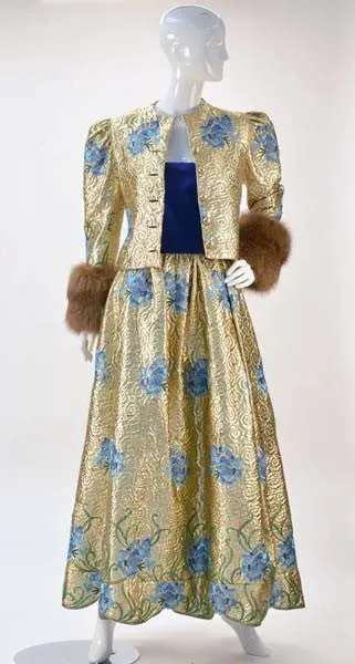 1980s Arnold Scaasi Couture Embroidered Gold Ensemble with Mink Cuffs