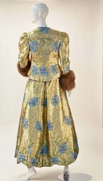 1980s Arnold Scaasi Couture Embroidered Gold Ensemble with Mink Cuffs