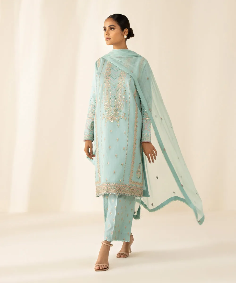 3 Piece - Embroidered Cotton Net Suit