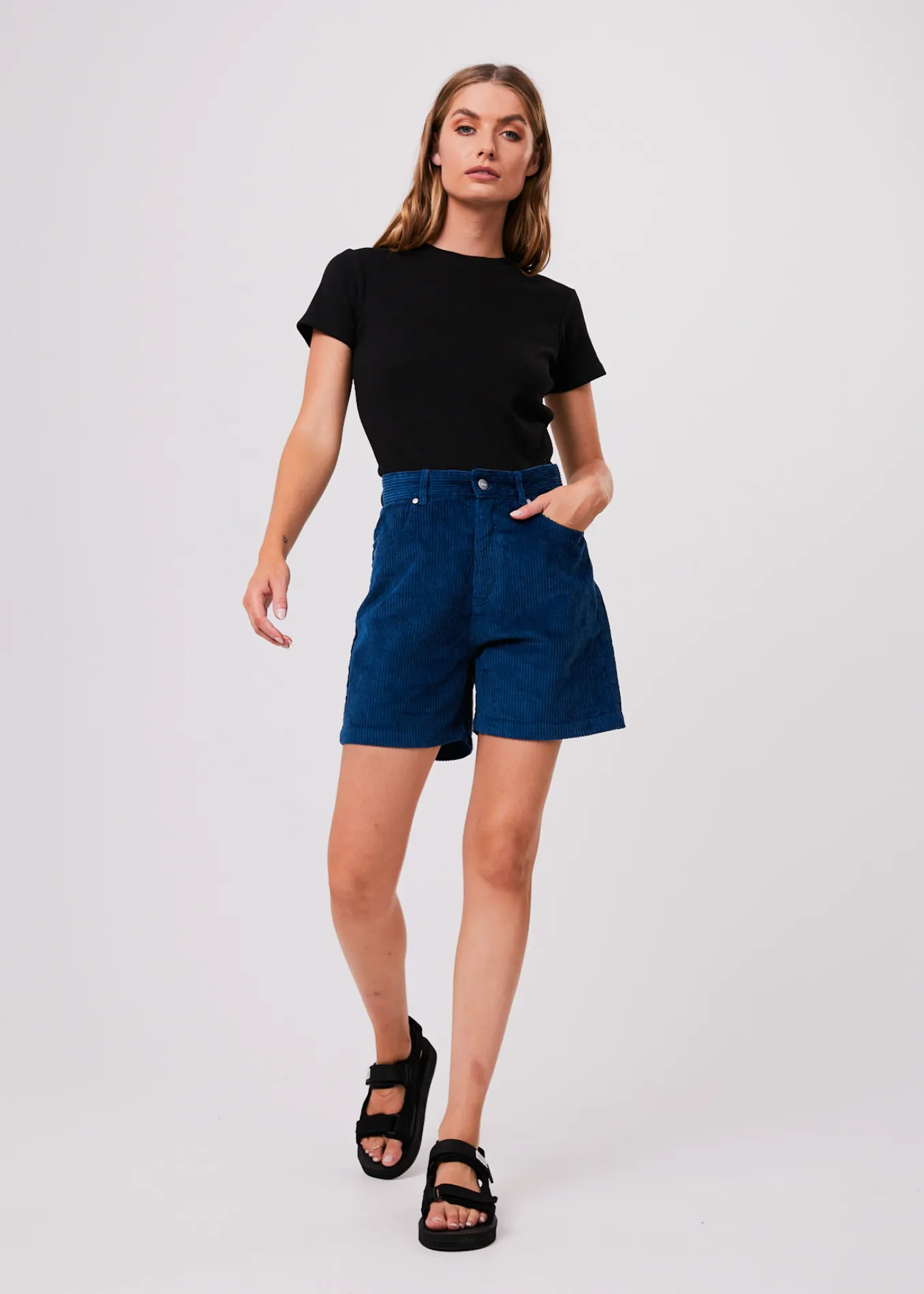 Afends Womens Anderson Shelby - Hemp Corduroy High Waisted Shorts - Cobalt