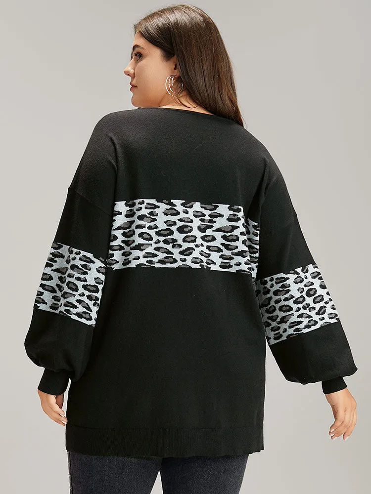 Anti-Pilling Leopard Patchwork Crisscross Neck Pullover