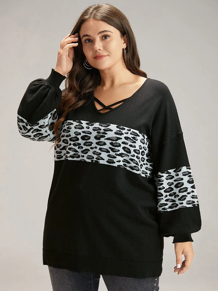 Anti-Pilling Leopard Patchwork Crisscross Neck Pullover