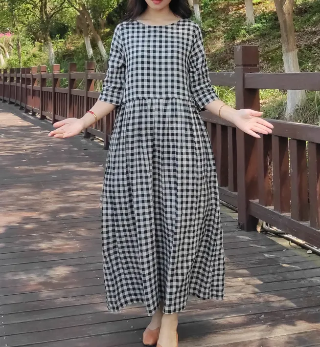 Black Gingham Midi Dress with Waist Tie, A-Line Long Dress 6632