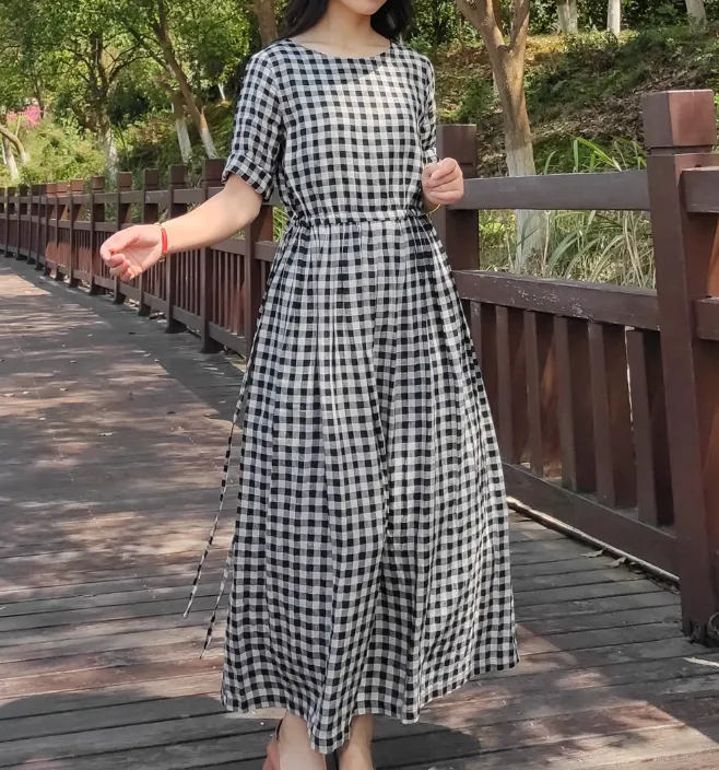 Black Gingham Midi Dress with Waist Tie, A-Line Long Dress 6632