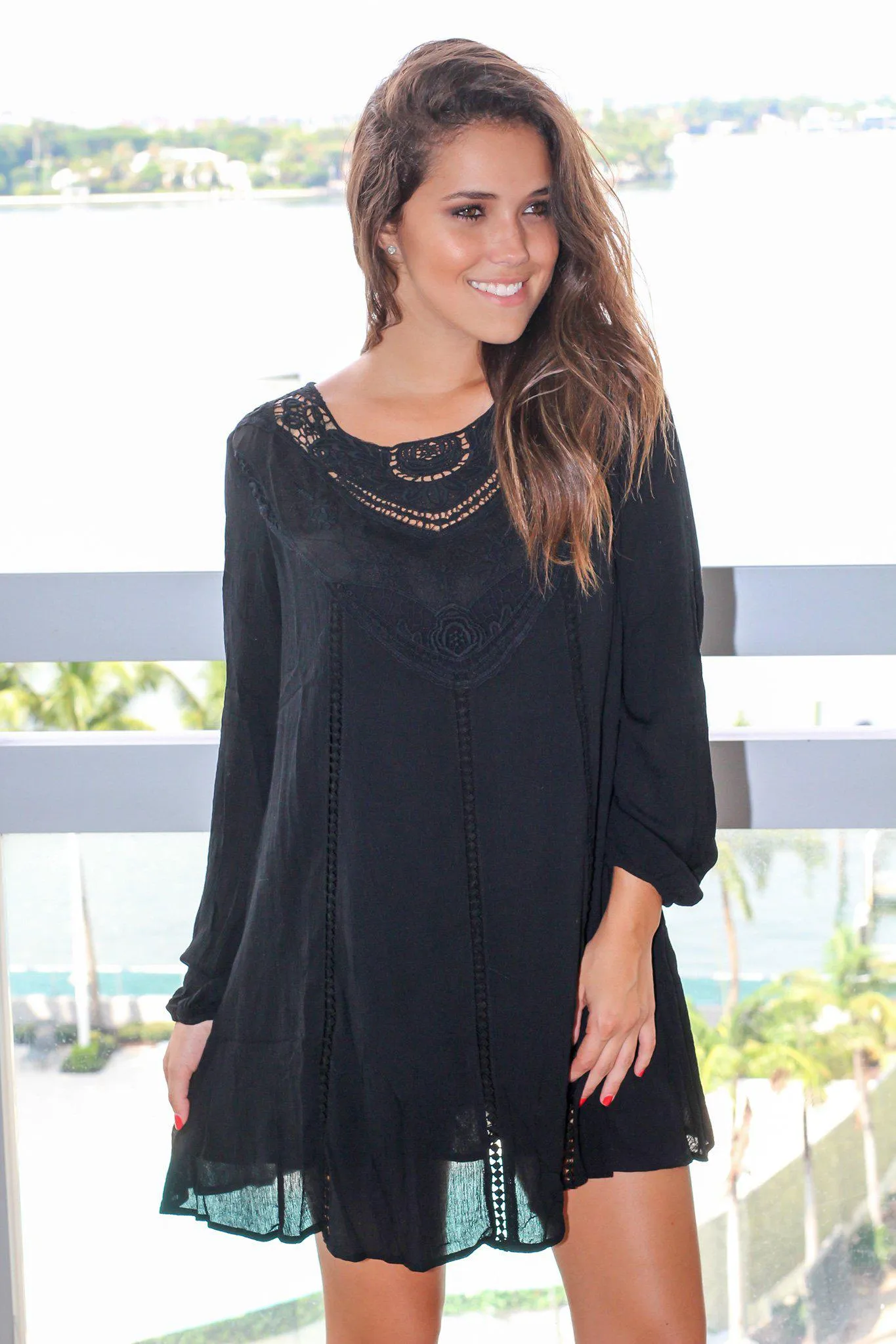 Black Long Sleeve Short Dress with Crochet Top