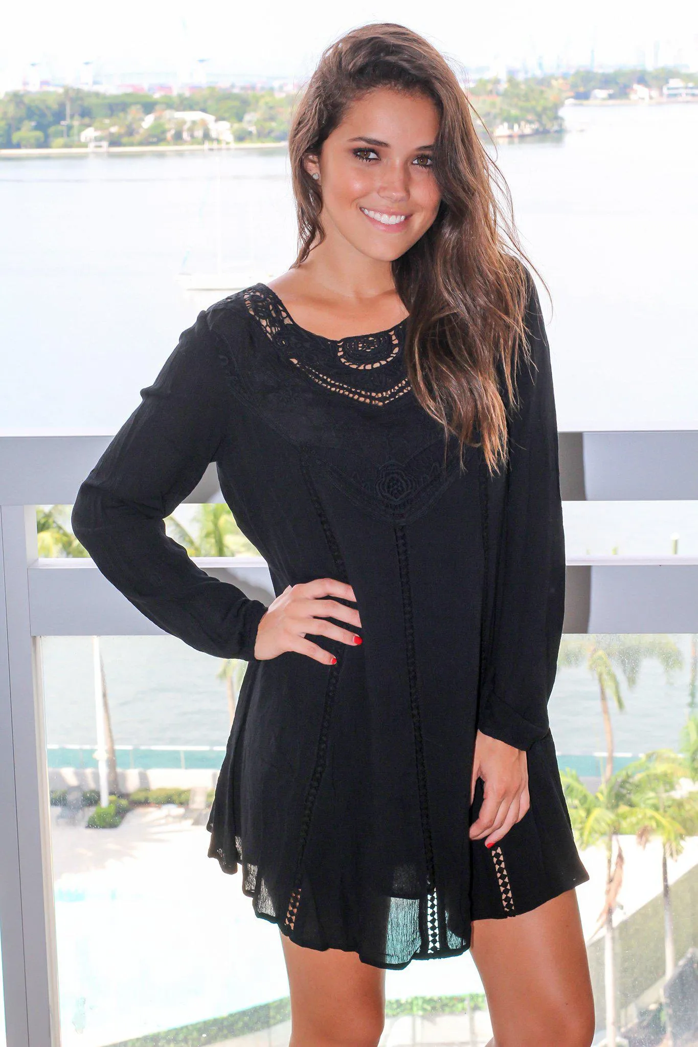 Black Long Sleeve Short Dress with Crochet Top