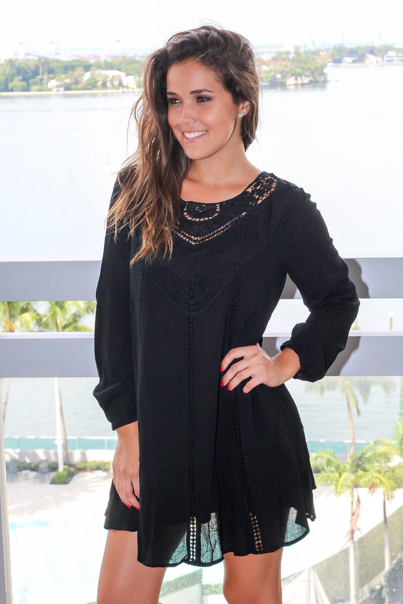 Black Long Sleeve Short Dress with Crochet Top