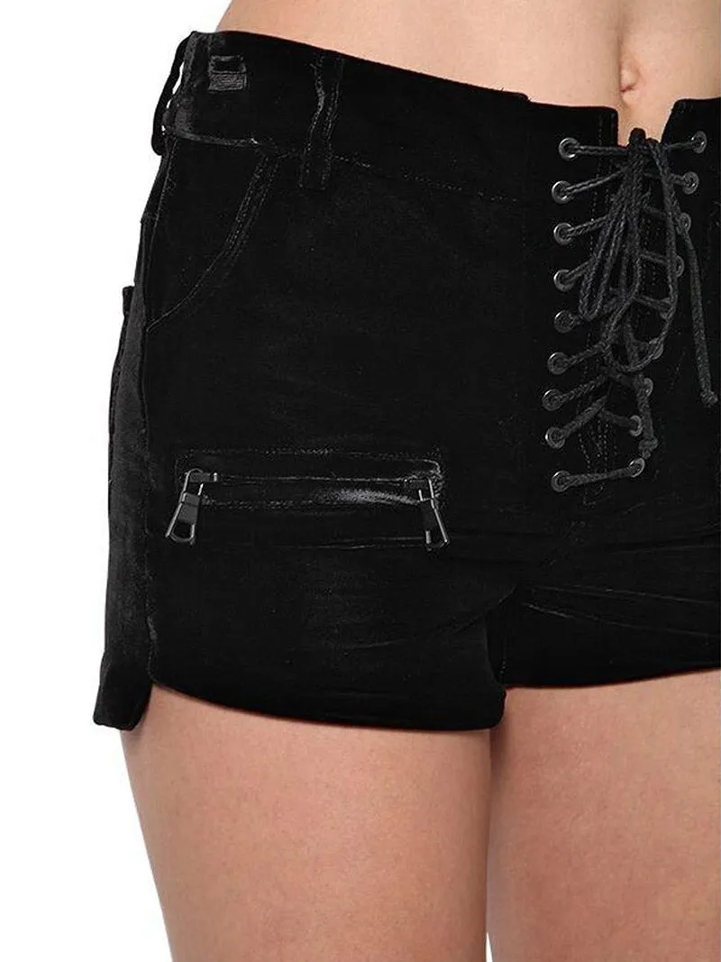 Black Velvet Lace Up Shorts