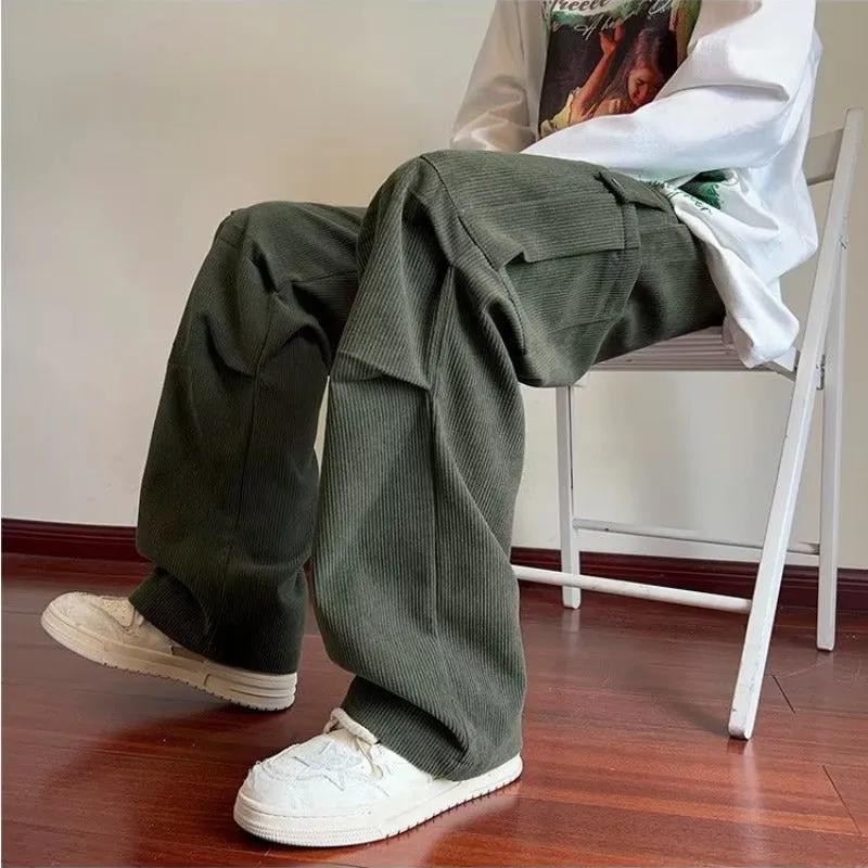 Bonsir boy outfits Corduroy Overalls Men's Spring New Loose Straight Pants Trendy All-Match Wide-Leg Sports Casual Trousers