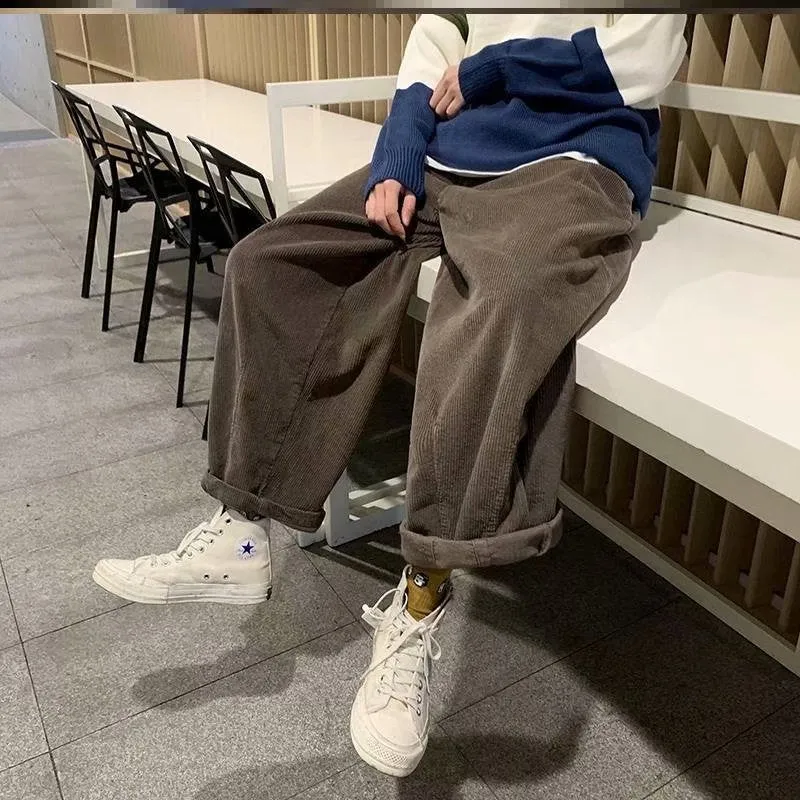 Bonsir men fall outfits casual Spring and Autumn Japanese Harajuku Style Corduroy Pants Fashionable Retro Trendy Loose Straight Casual Pants Harem Wide Leg Pants