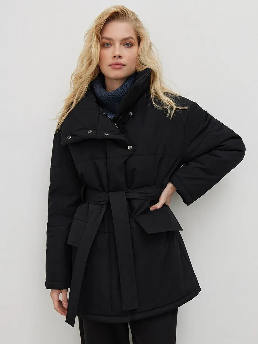 Bornladies Quilted Jacket Women Winter Loose Parkas Coat Vintage Belted Outwear Office Ladies Warm Cotton Puffer Jackets