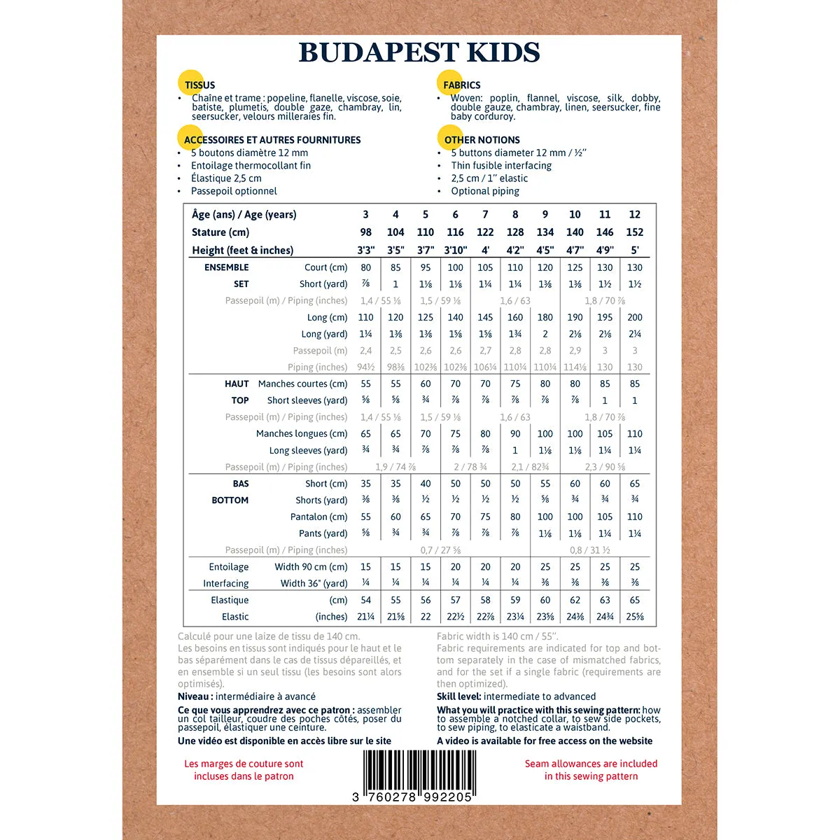 BUDAPEST KIDS Pajamas - 3/12y - Paper Sewing Pattern