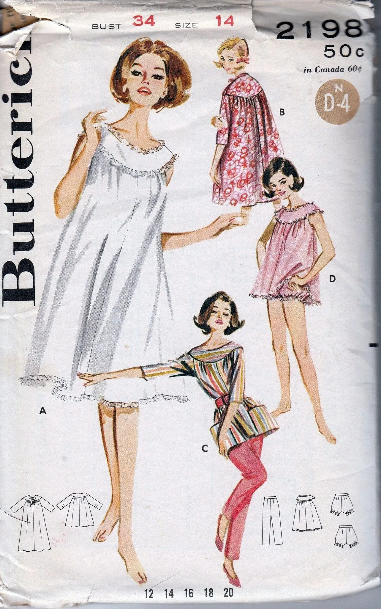 Butterick 2198 Vintage Sewing Pattern 1960's Ladies Lingerie Nightgown Brunch Coat Bloomers