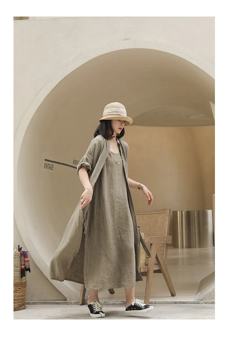 Buttons Washed Soft Summer Linen Women Shirts Dresses Drop Shoulder Long Women Dresses Waist Belt97292