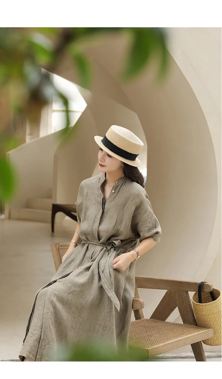 Buttons Washed Soft Summer Linen Women Shirts Dresses Drop Shoulder Long Women Dresses Waist Belt97292