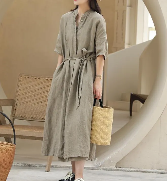 Buttons Washed Soft Summer Linen Women Shirts Dresses Drop Shoulder Long Women Dresses Waist Belt97292