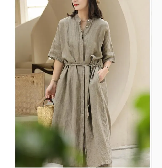 Buttons Washed Soft Summer Linen Women Shirts Dresses Drop Shoulder Long Women Dresses Waist Belt97292