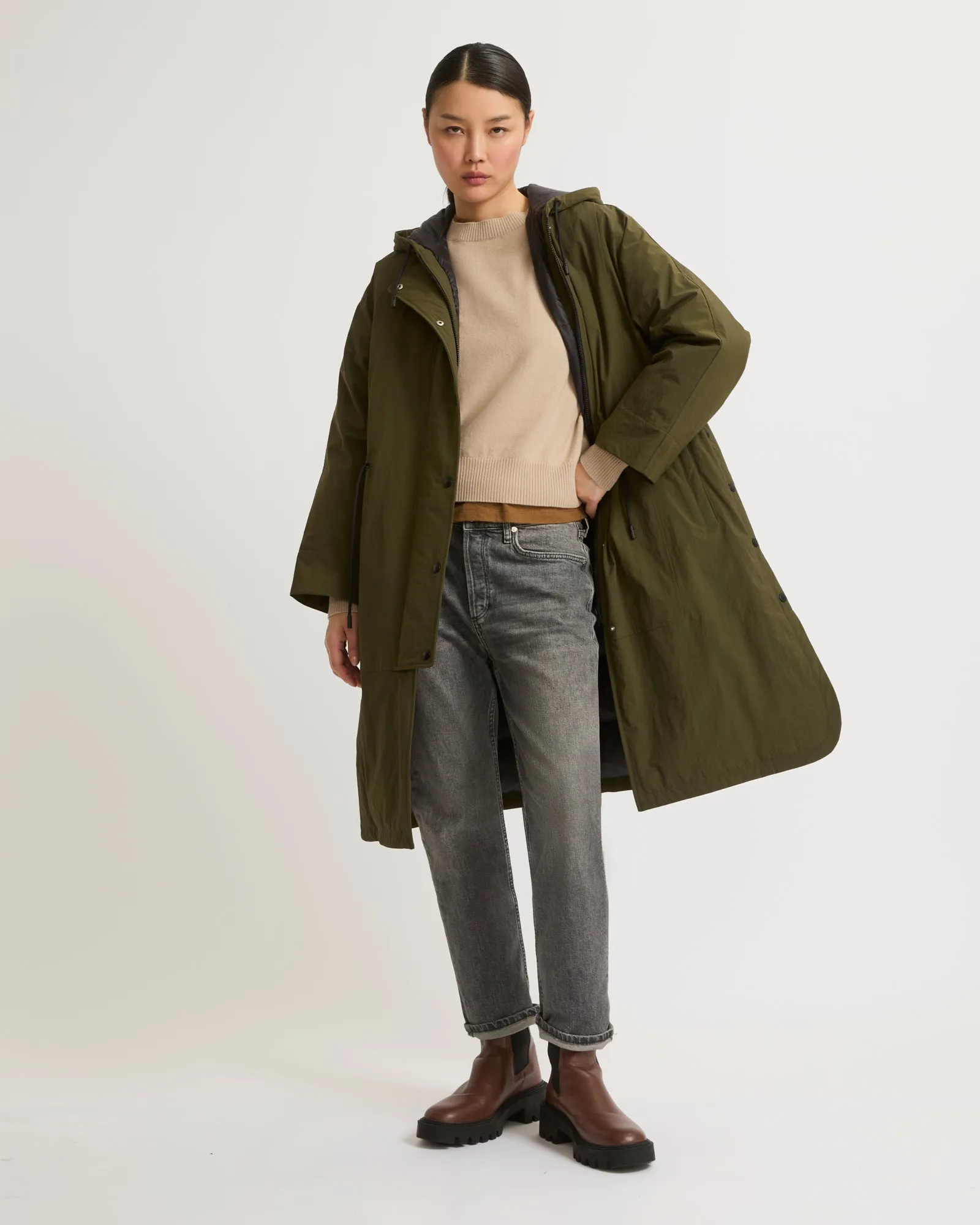 Cape-style coat in technical fabric