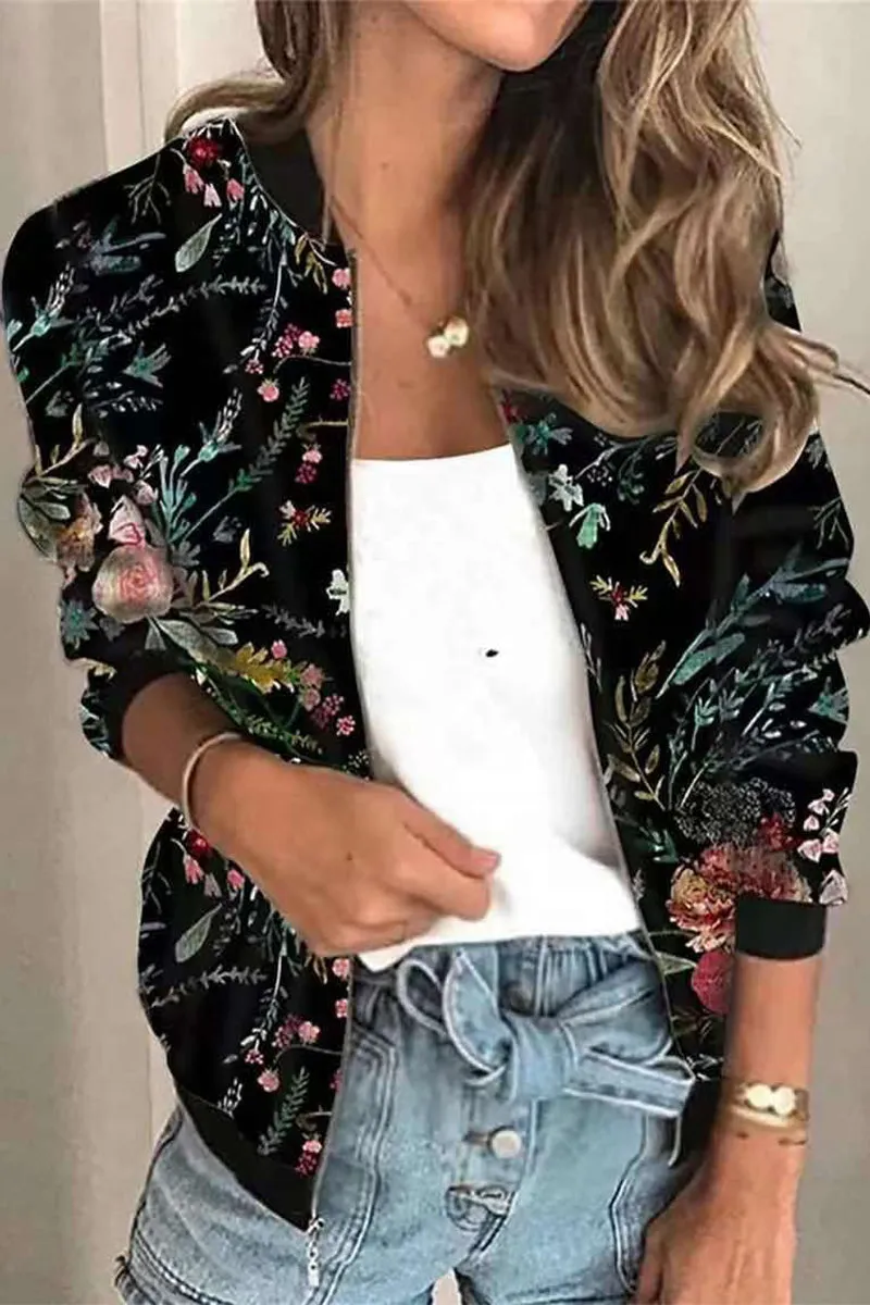 Casual Print Patchwork O Neck Outerwear