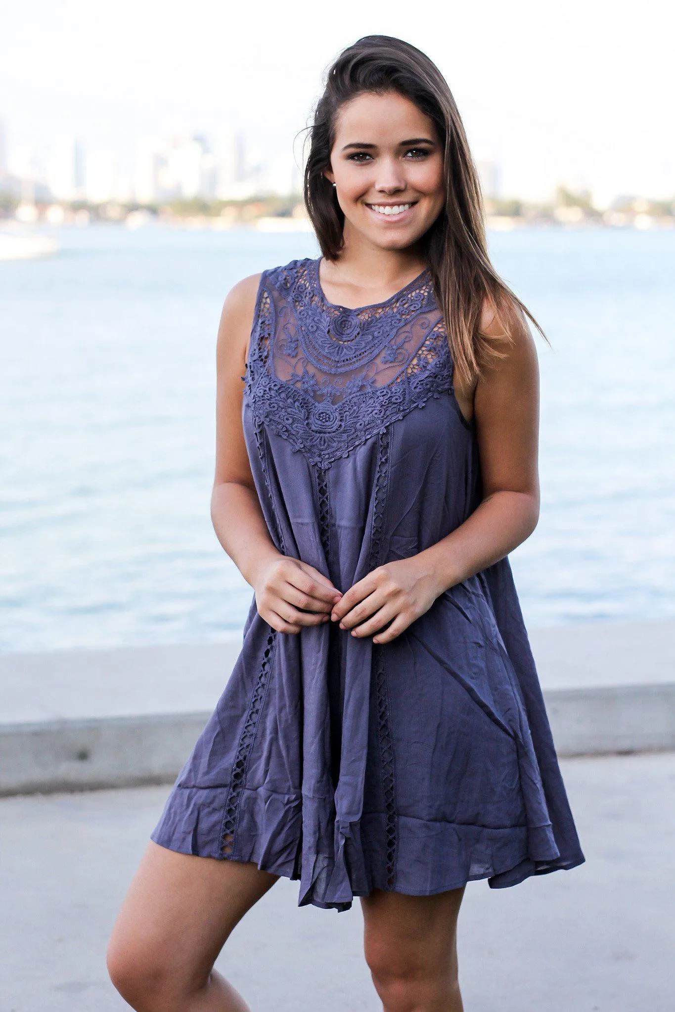 Charcoal Short Dress with Lace Top