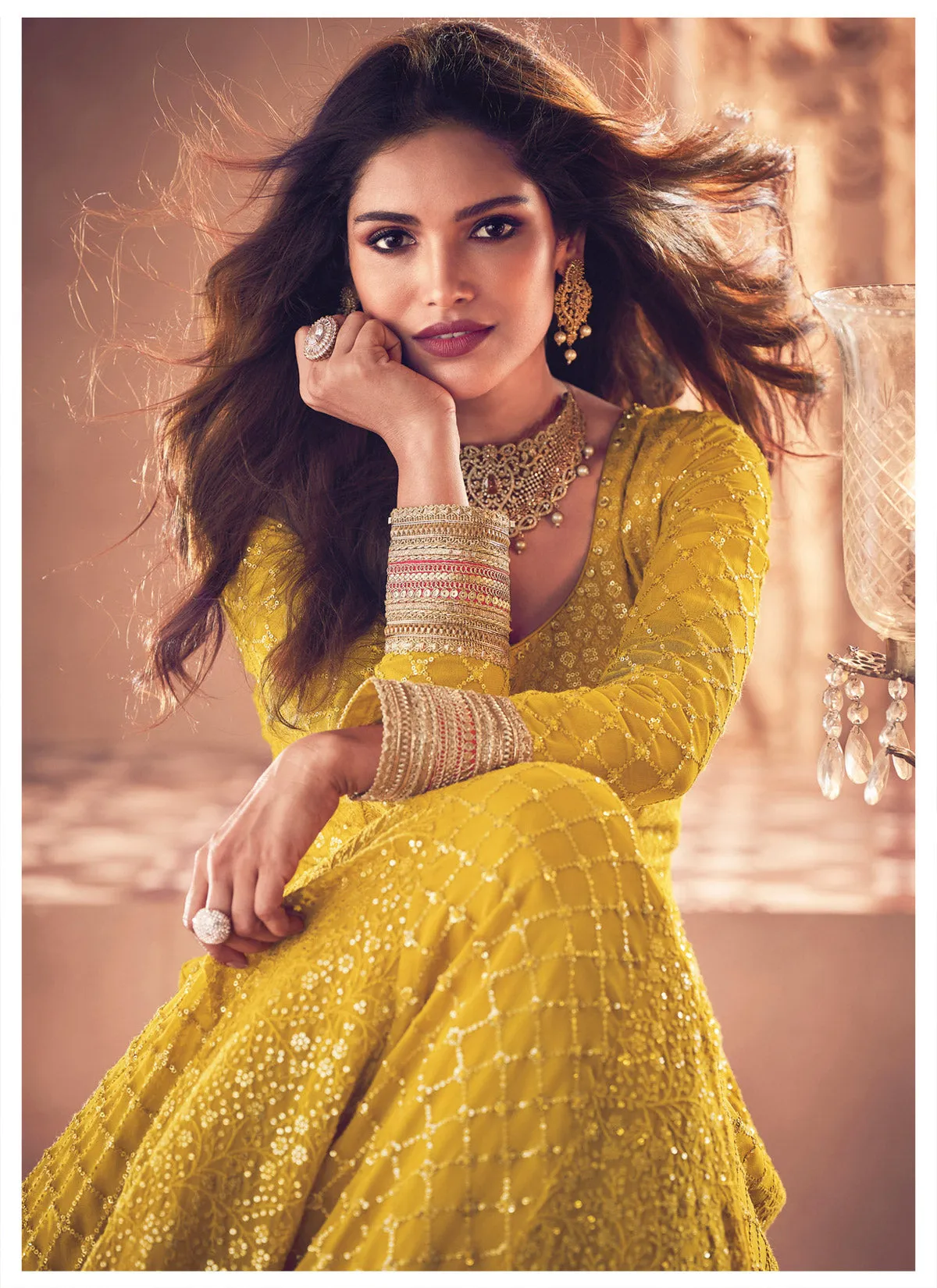 Charming Yellow Floor Length Sequins Work Anarkali Suit