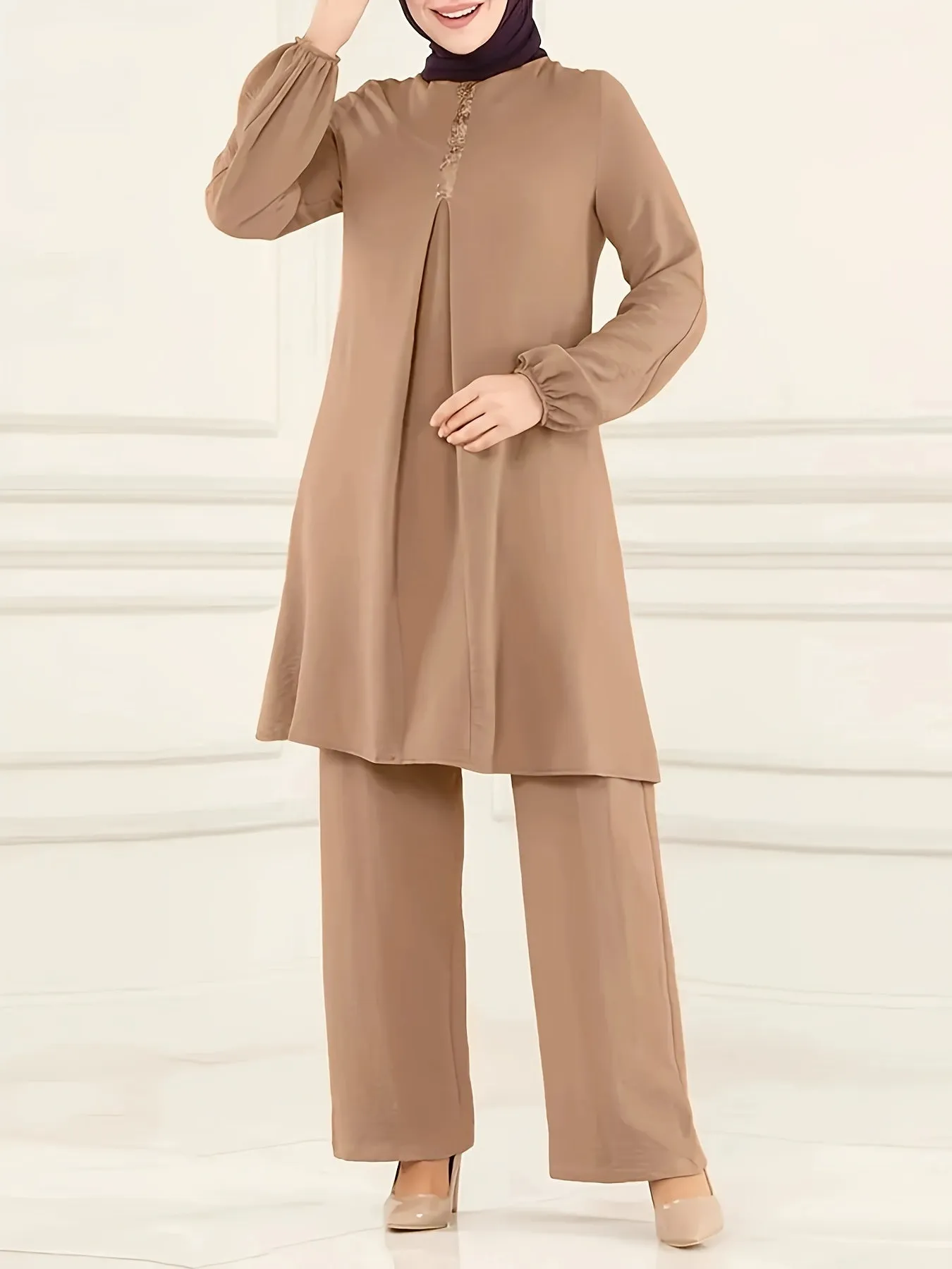 Chic Ramadan Two-Piece Set - Long Sleeve Top & Straight Leg Pants, Womens Modest Fashion Outfits