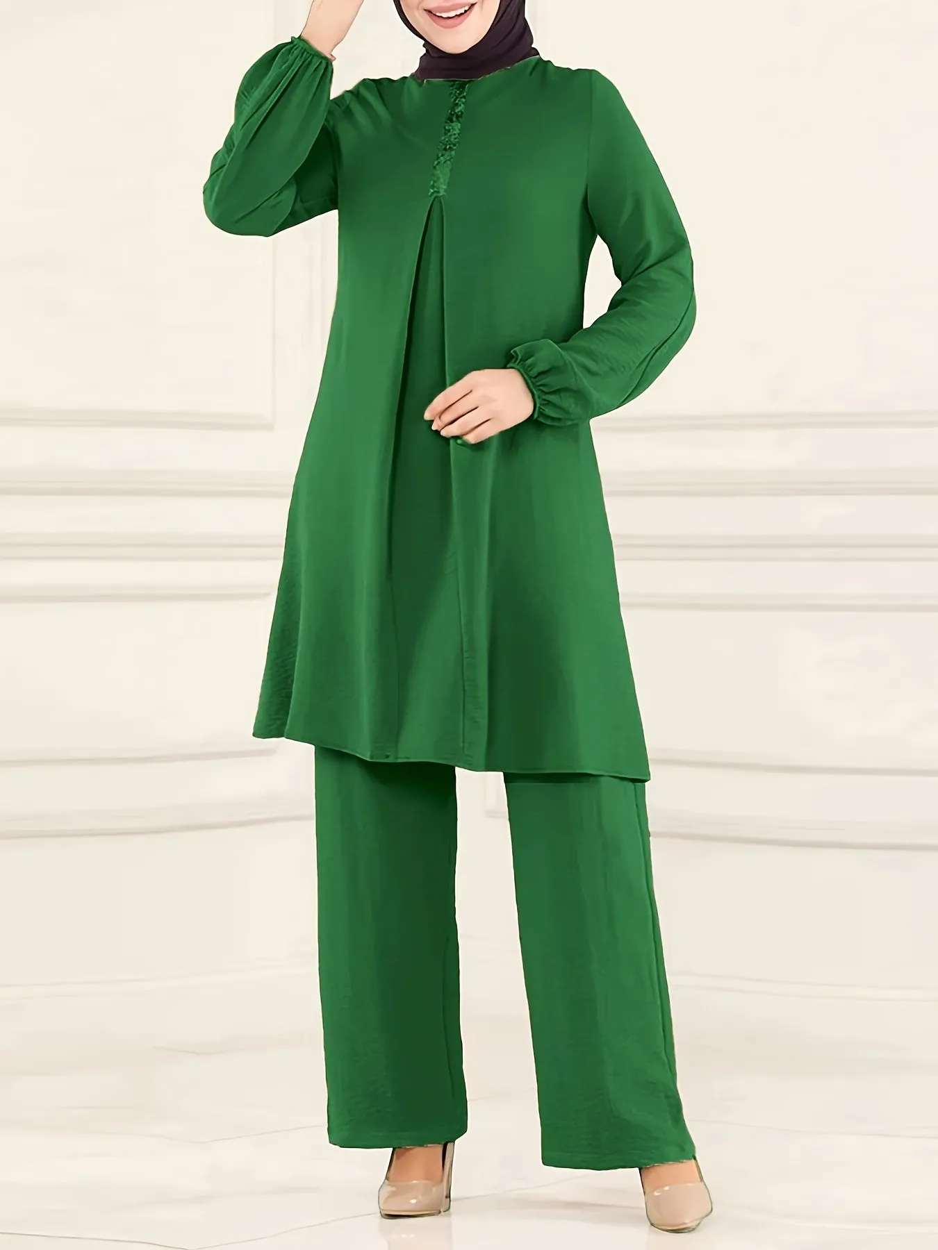 Chic Ramadan Two-Piece Set - Long Sleeve Top & Straight Leg Pants, Womens Modest Fashion Outfits