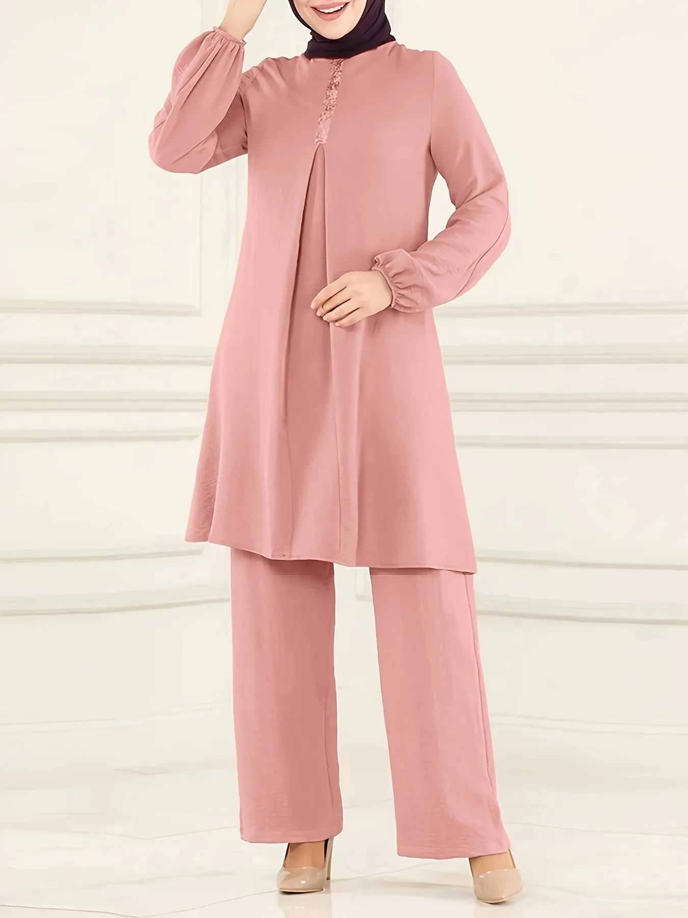 Chic Ramadan Two-Piece Set - Long Sleeve Top & Straight Leg Pants, Womens Modest Fashion Outfits