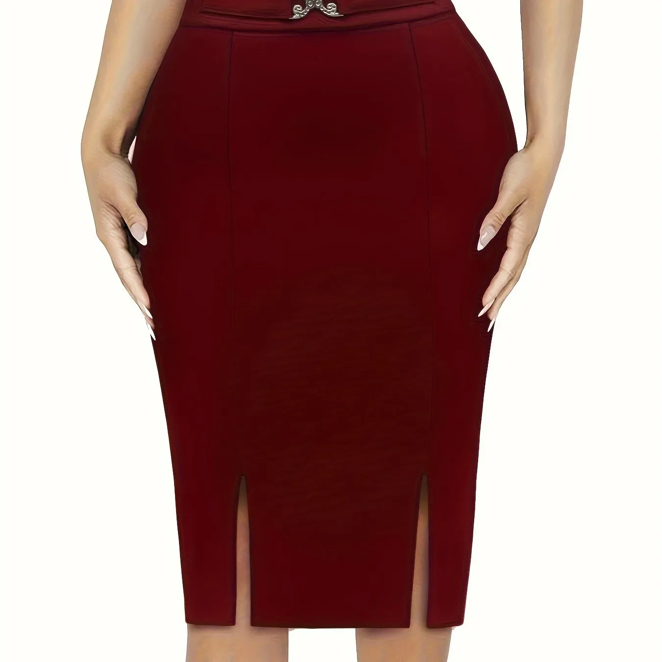 Chic Solid High Waist Midi Skirt - Flattering Slim Fit & Dramatic Split Hem - Ultra-Feminine Bodycon Style - Perfect for Stylish Women