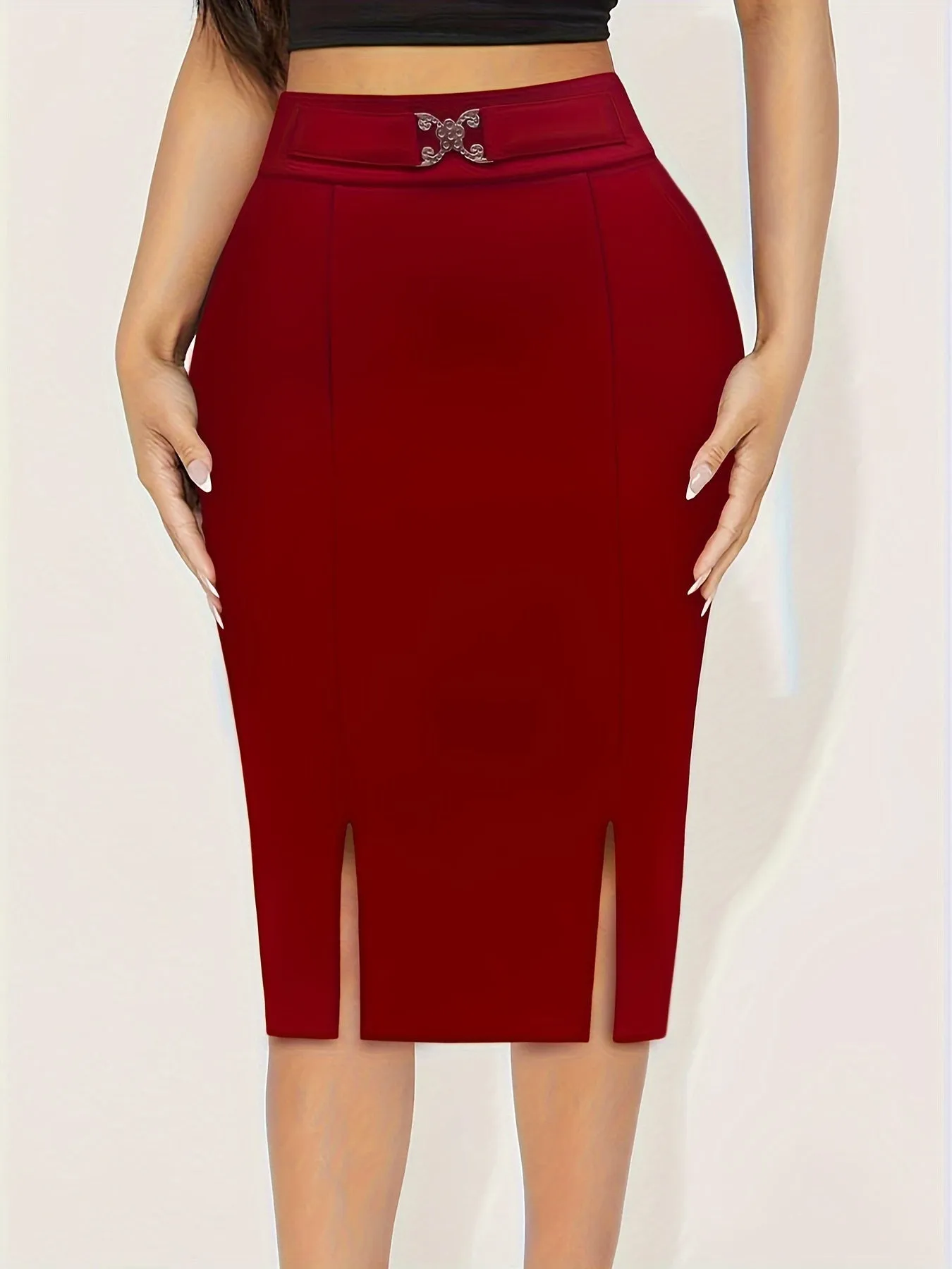 Chic Solid High Waist Midi Skirt - Flattering Slim Fit & Dramatic Split Hem - Ultra-Feminine Bodycon Style - Perfect for Stylish Women