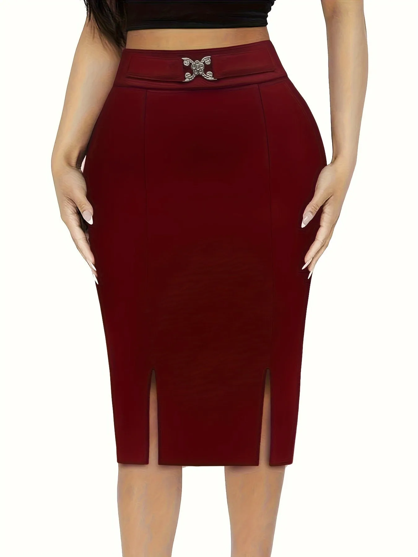 Chic Solid High Waist Midi Skirt - Flattering Slim Fit & Dramatic Split Hem - Ultra-Feminine Bodycon Style - Perfect for Stylish Women