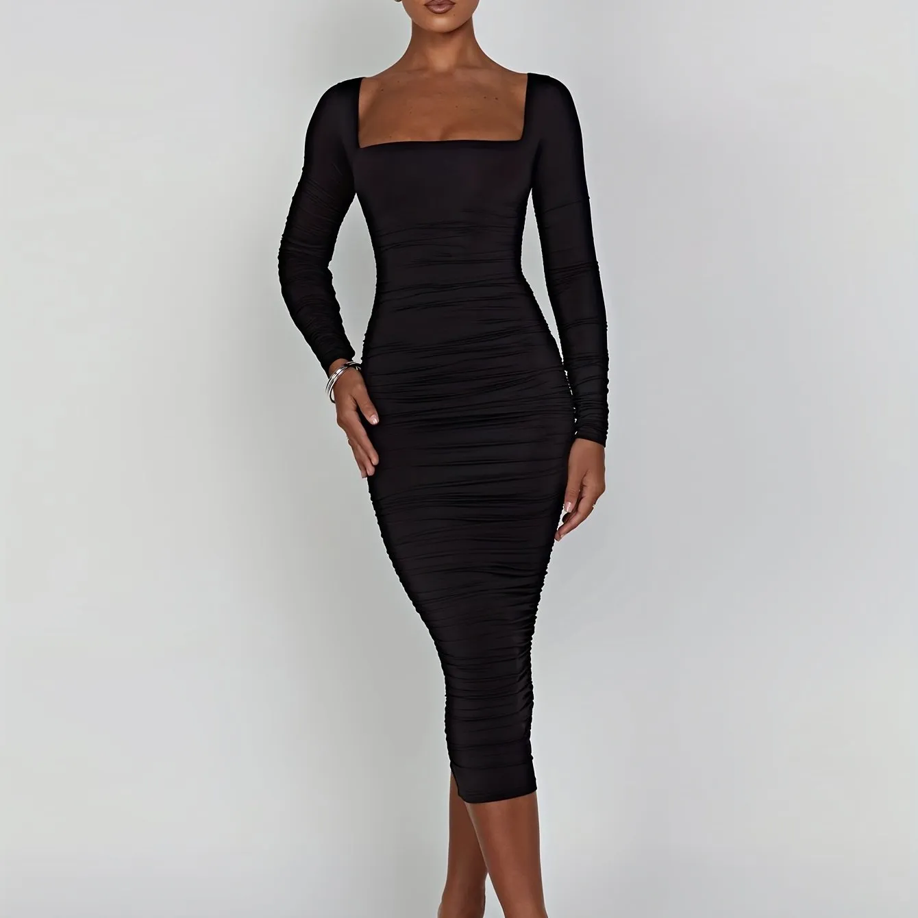 Chic Square Neck Ruched Dress - Flattering Long Sleeves, Figure-Sculpting Bodycon - Timeless Solid Color, Womens Fashion Staple