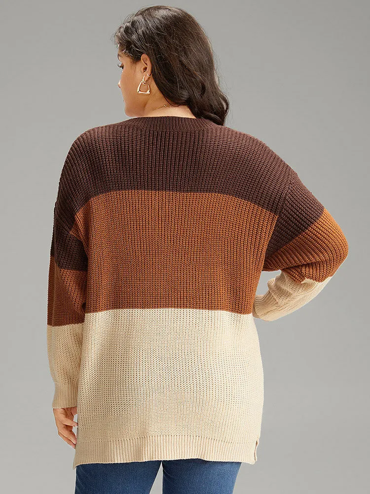 Colorblock Patchwork Split Side Drop Shoulder Pullover