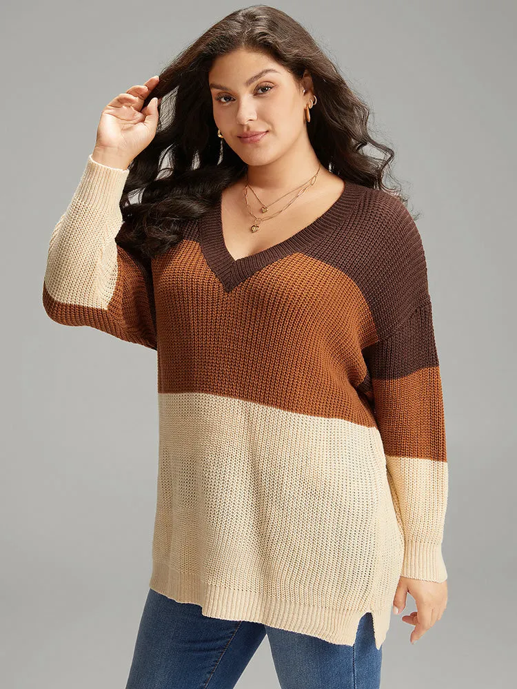 Colorblock Patchwork Split Side Drop Shoulder Pullover