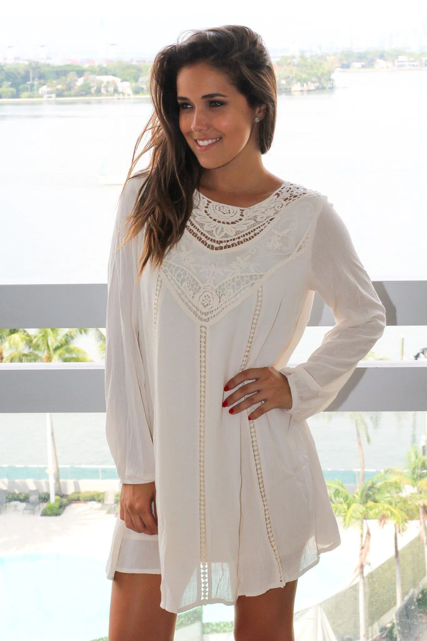 Cream Long Sleeve Short Dress with Crochet Top