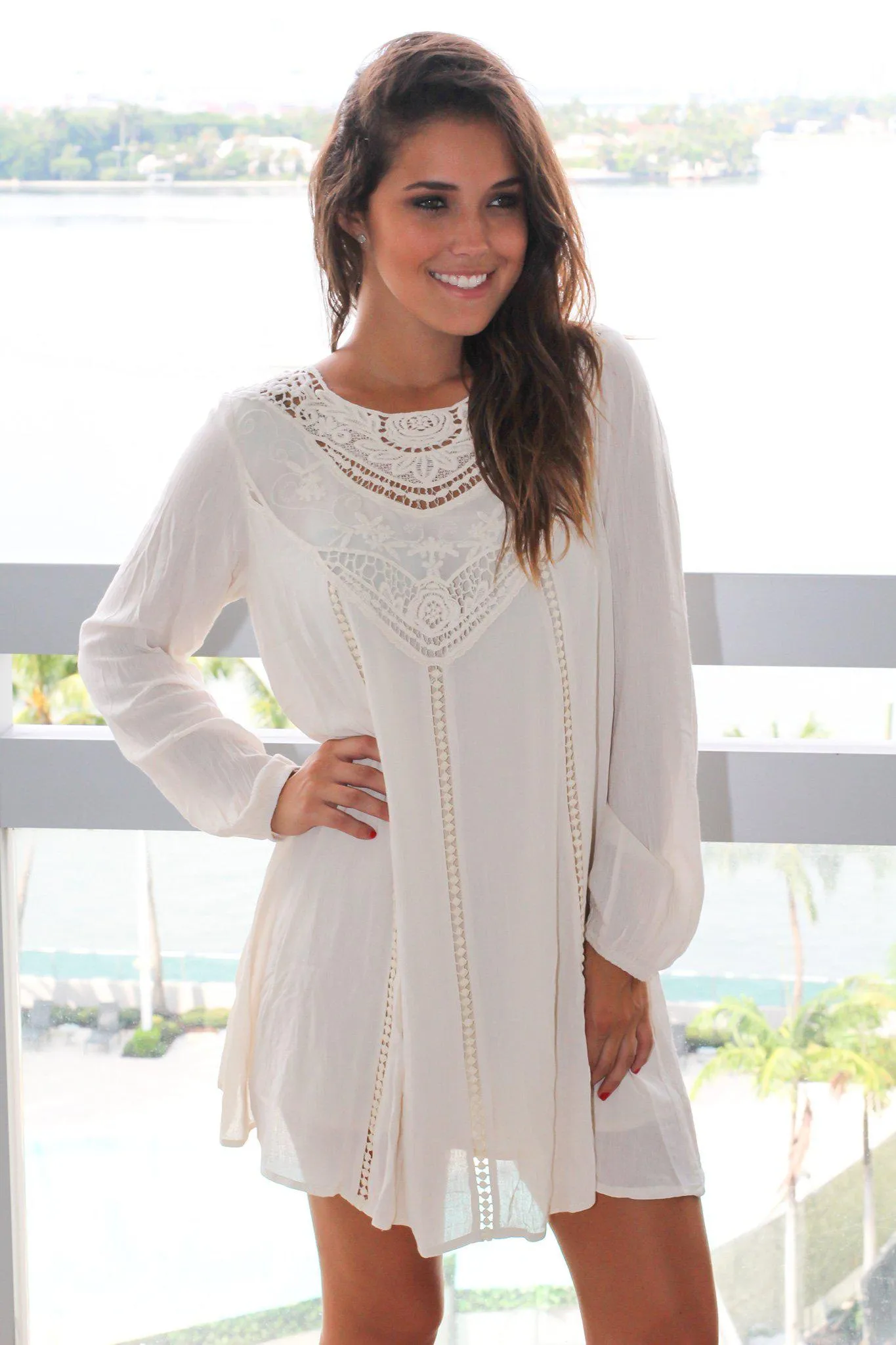 Cream Long Sleeve Short Dress with Crochet Top