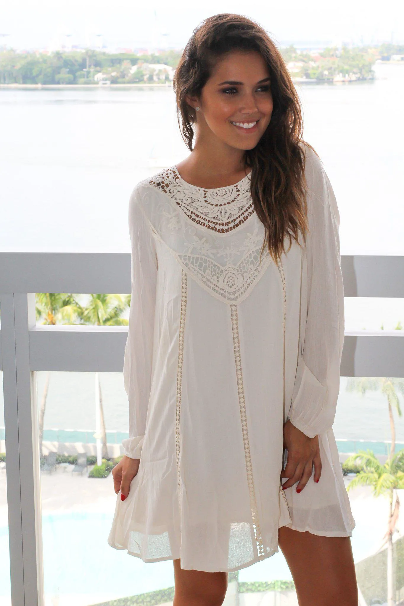 Cream Long Sleeve Short Dress with Crochet Top