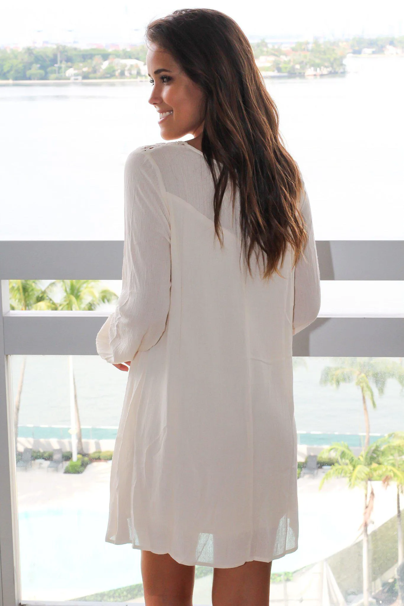 Cream Long Sleeve Short Dress with Crochet Top