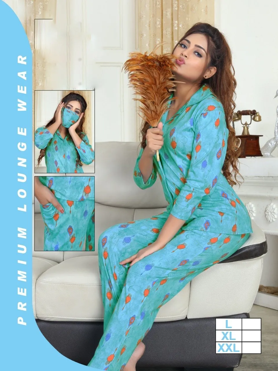 Designer Blue Cotton Printed Nigh suit Sets for Women