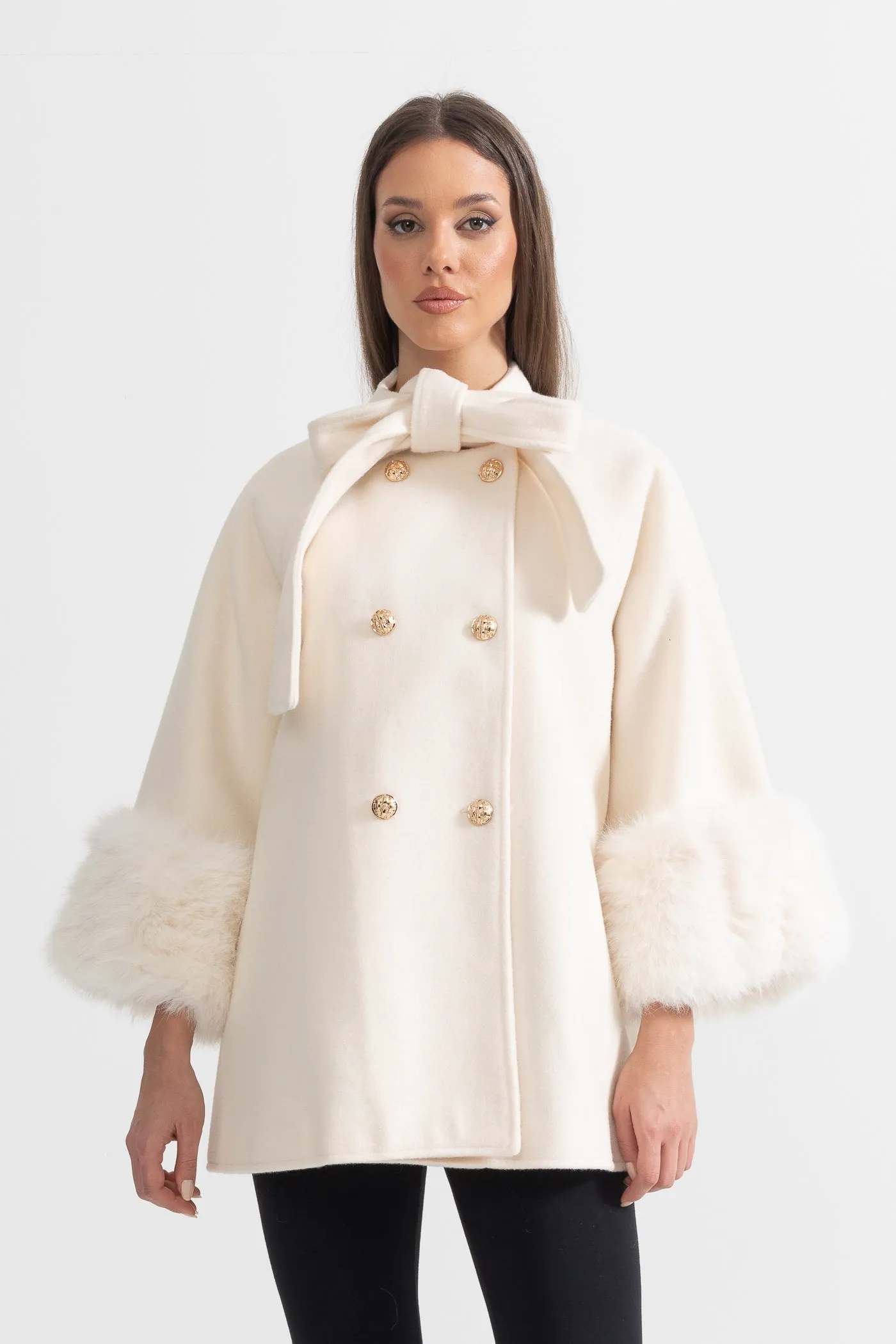 Double Breasted Overcoat With Fur Cuff Accents And Neckline Ribbon - Ivoire