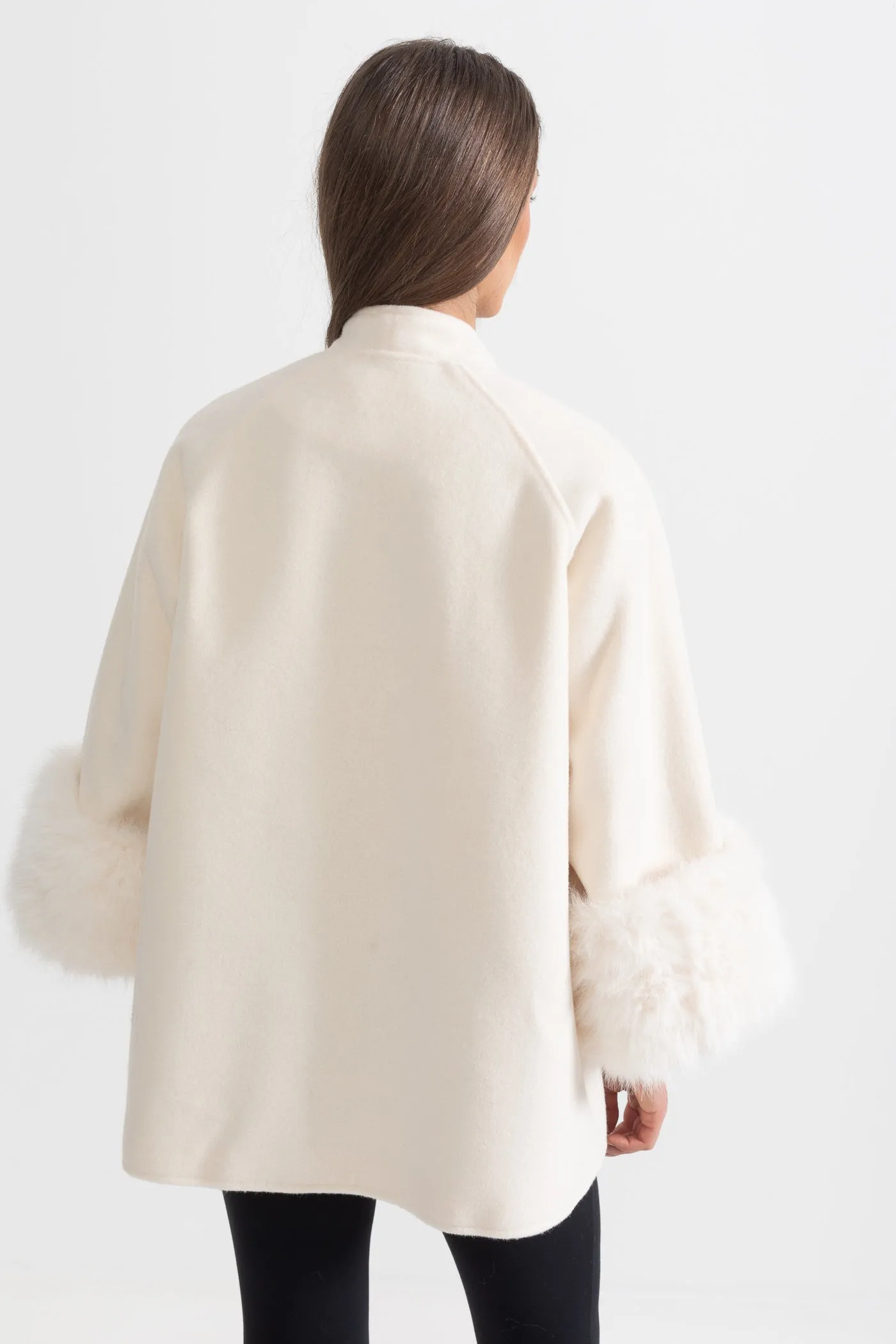 Double Breasted Overcoat With Fur Cuff Accents And Neckline Ribbon - Ivoire