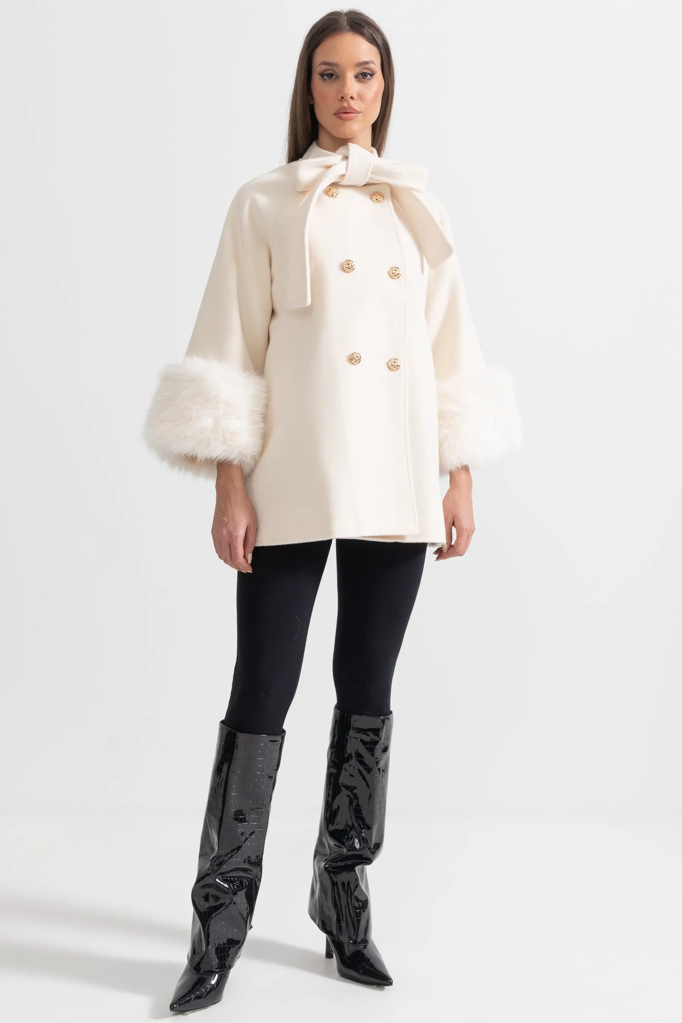 Double Breasted Overcoat With Fur Cuff Accents And Neckline Ribbon - Ivoire