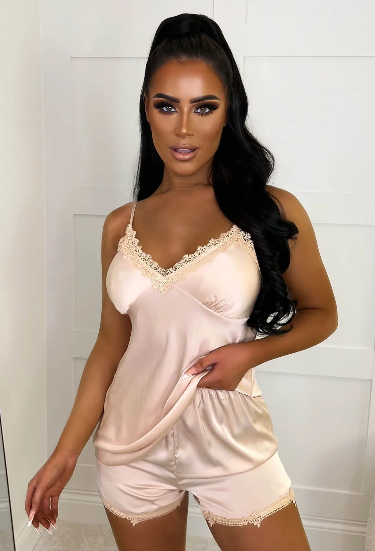 Dreamy Luxury Blush Pink Satin Lace Trim Removable Cup Stretch Waist Cami Pyjama Set Limited Edition