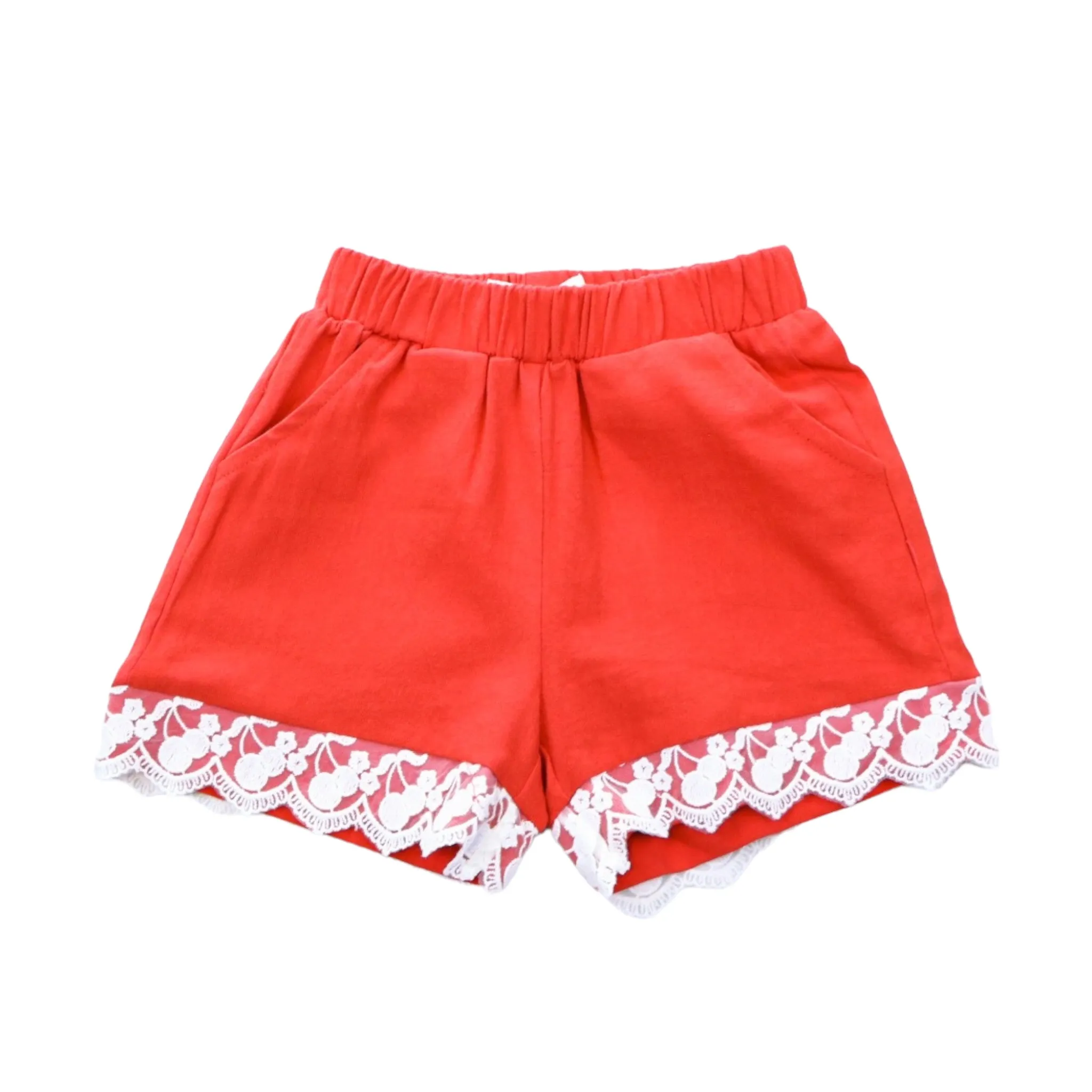 Elastic Waist Shorts w/Cherry Lace Hem Detail