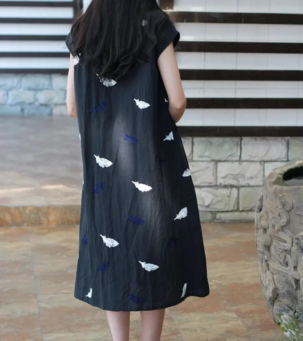 Embroidery Feather Linen O Neck Women Dress