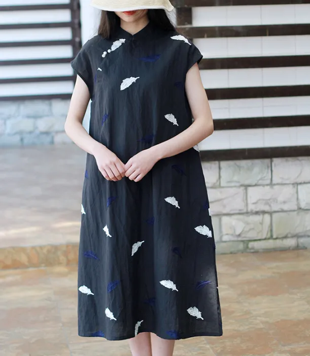 Embroidery Feather Linen O Neck Women Dress