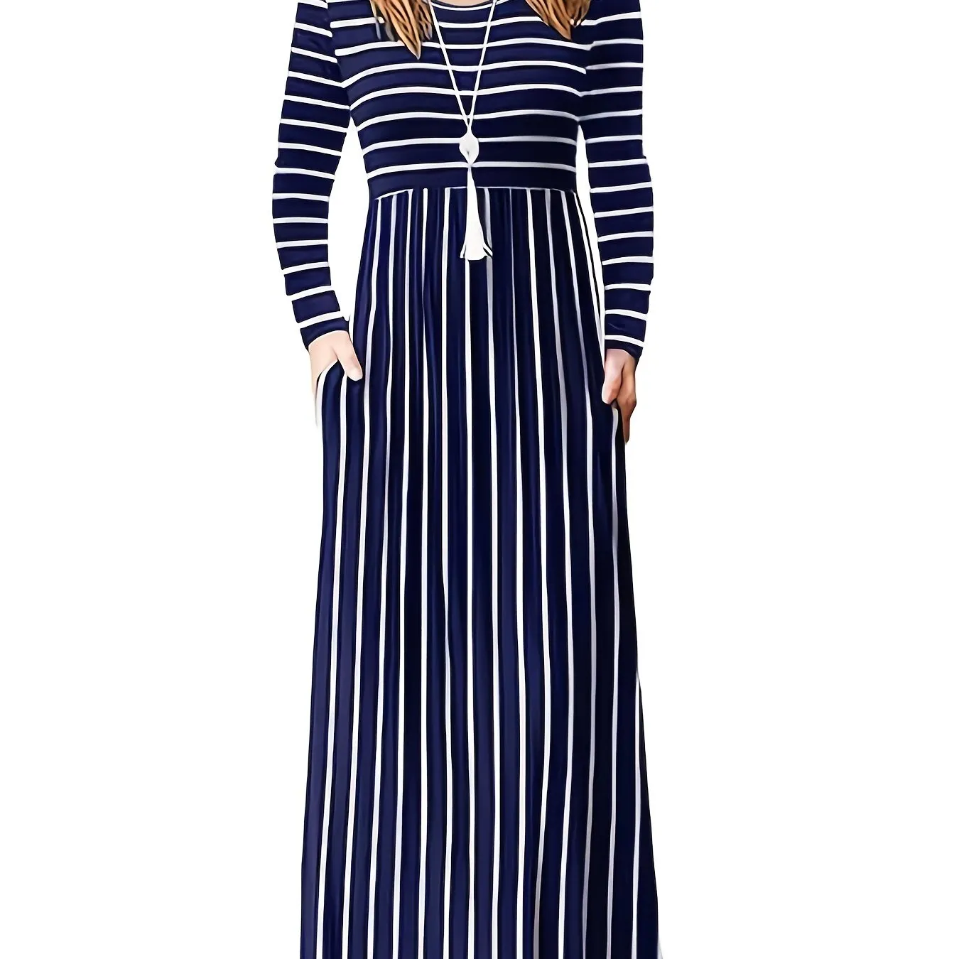 Fall/Winter Chic: Cozy Geometric High-Waist Maxi Dress with Crew Neck, Long Sleeves - Durable & Easy-Care, Perfect for Daily Wear