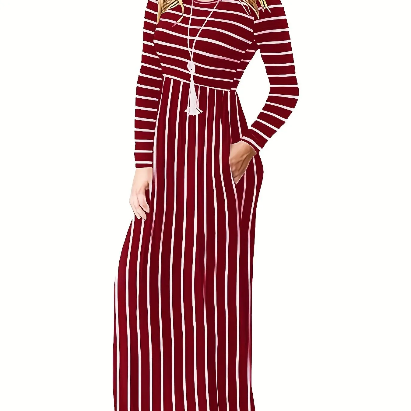 Fall/Winter Chic: Cozy Geometric High-Waist Maxi Dress with Crew Neck, Long Sleeves - Durable & Easy-Care, Perfect for Daily Wear