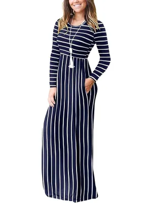 Fall/Winter Chic: Cozy Geometric High-Waist Maxi Dress with Crew Neck, Long Sleeves - Durable & Easy-Care, Perfect for Daily Wear